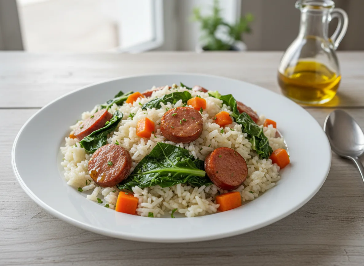 Arroz com Couve, Cenoura e Salsicha photo