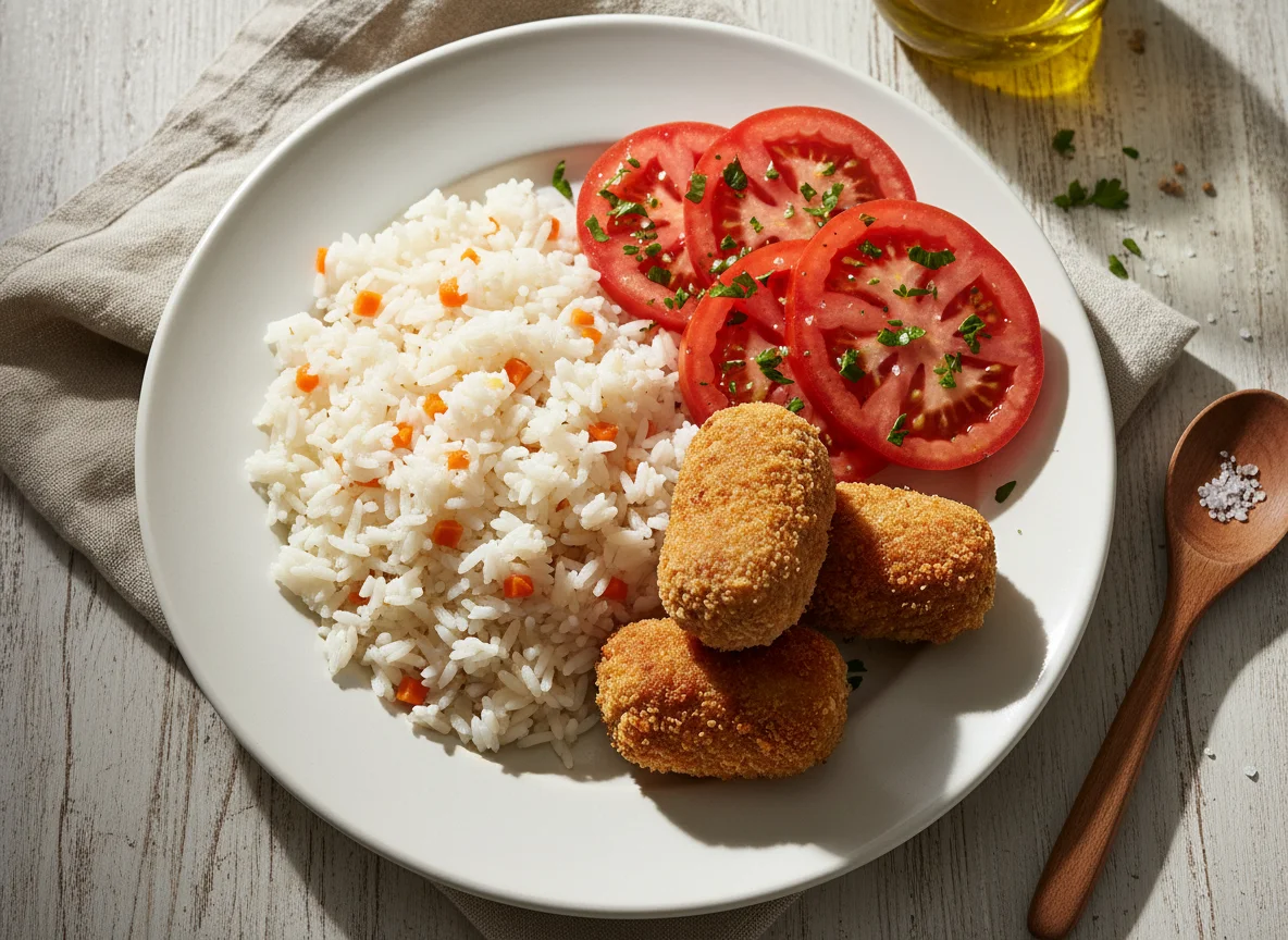 Arroz com croquetes e salada de tomate photo