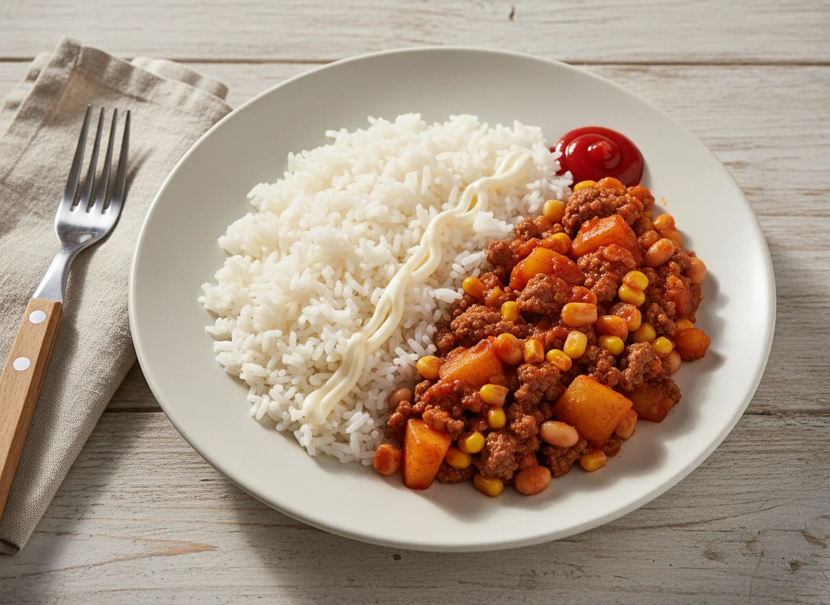 Arroz com ensopado de batata e carne photo
