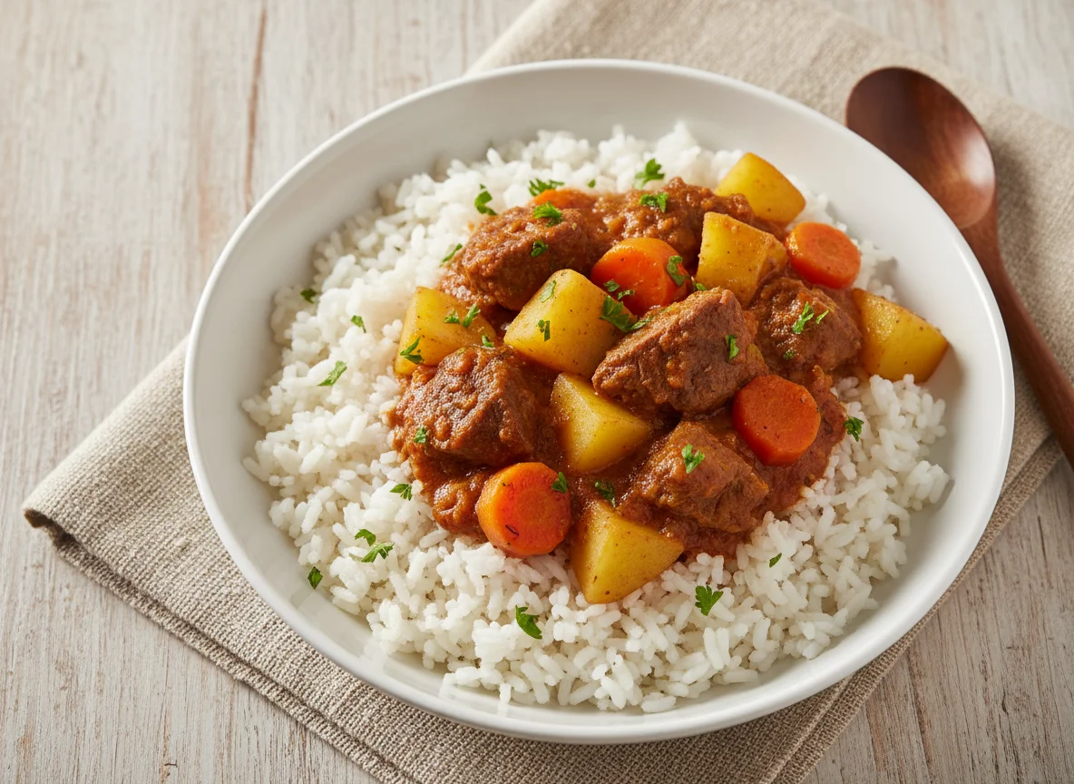 Arroz com ensopado de carne e legumes photo