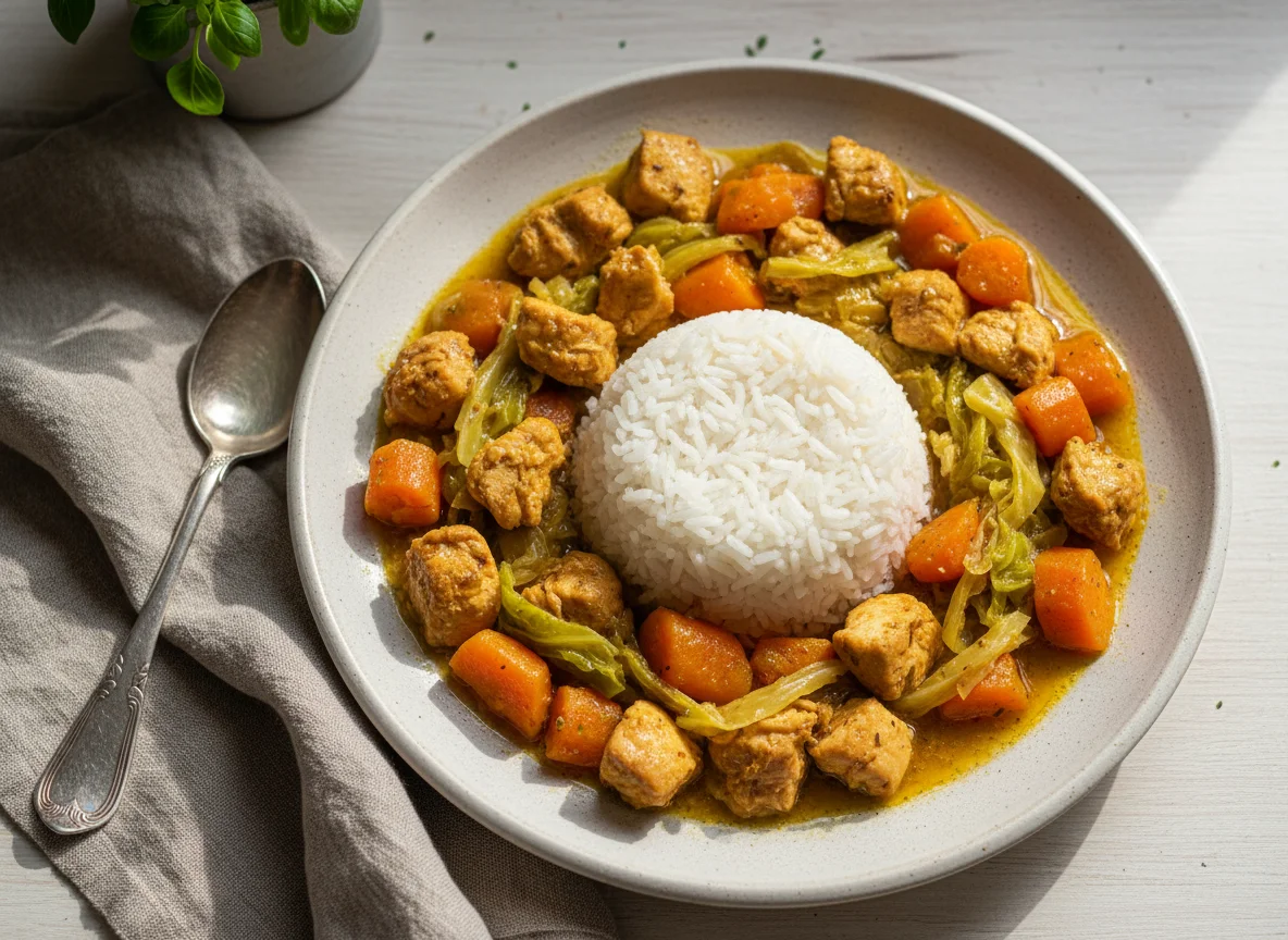 Arroz com ensopado de frango e legumes photo