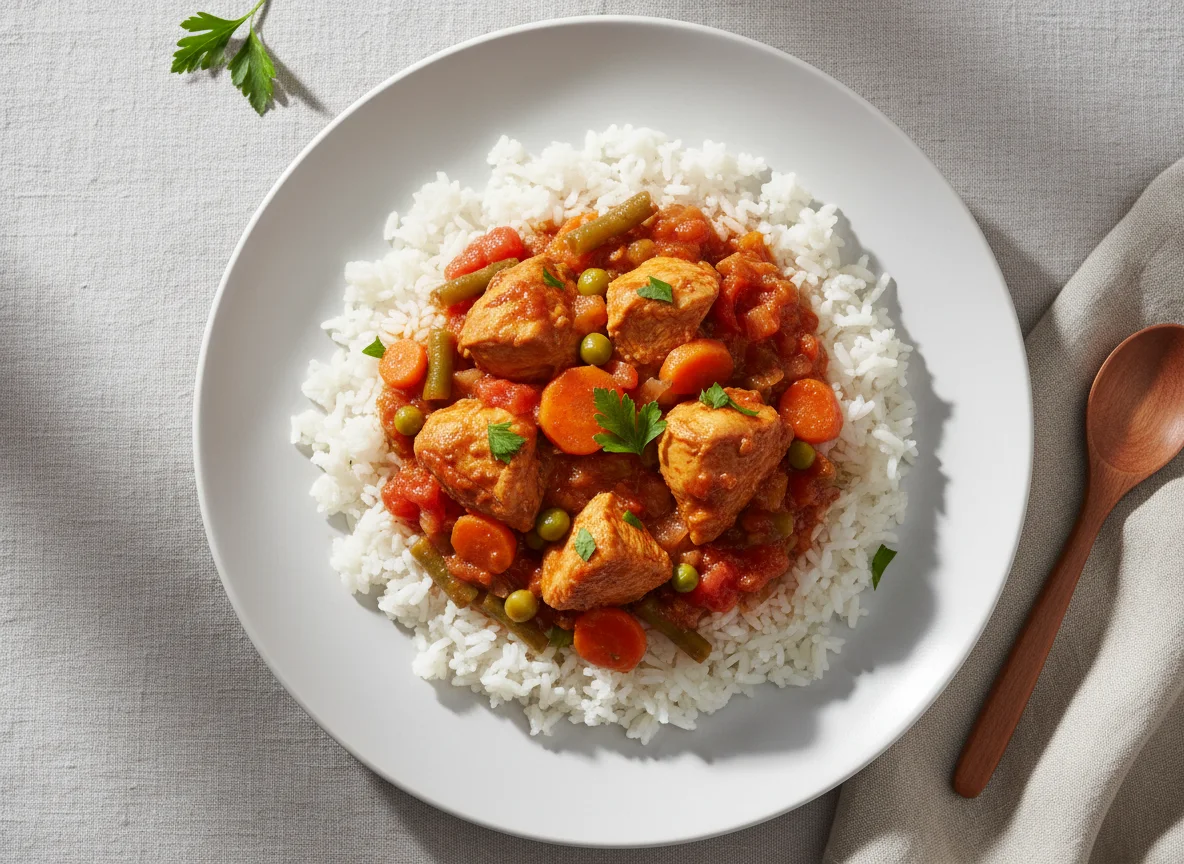 Arroz com ensopado de legumes e frango photo