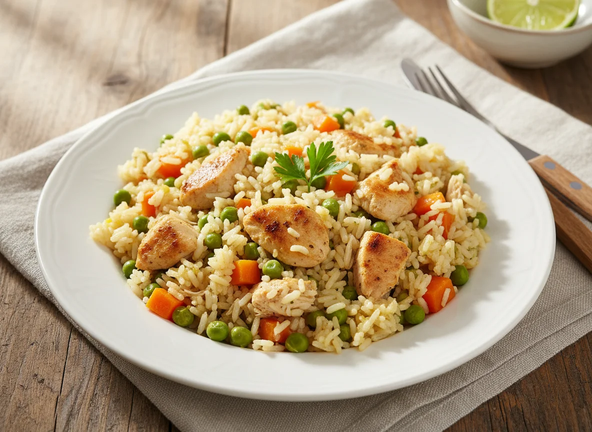 Arroz com Ervilhas, Cenouras e Frango photo