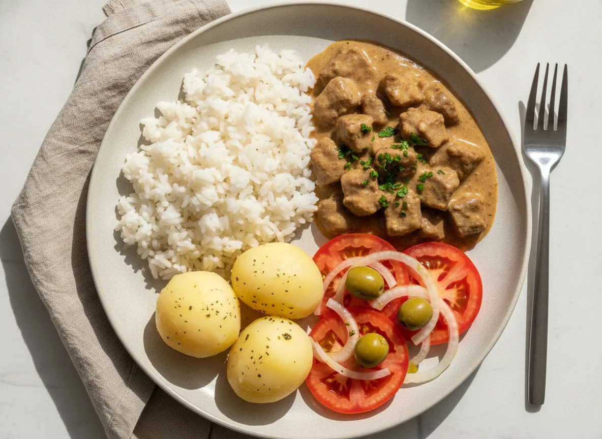 Arroz com Estrogonofe de Carne, Batata Cozida e Salada de Tomate photo