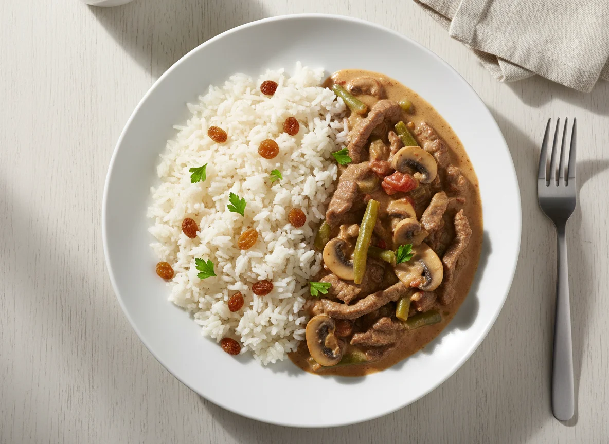 Arroz com estrogonofe de carne e cogumelos photo