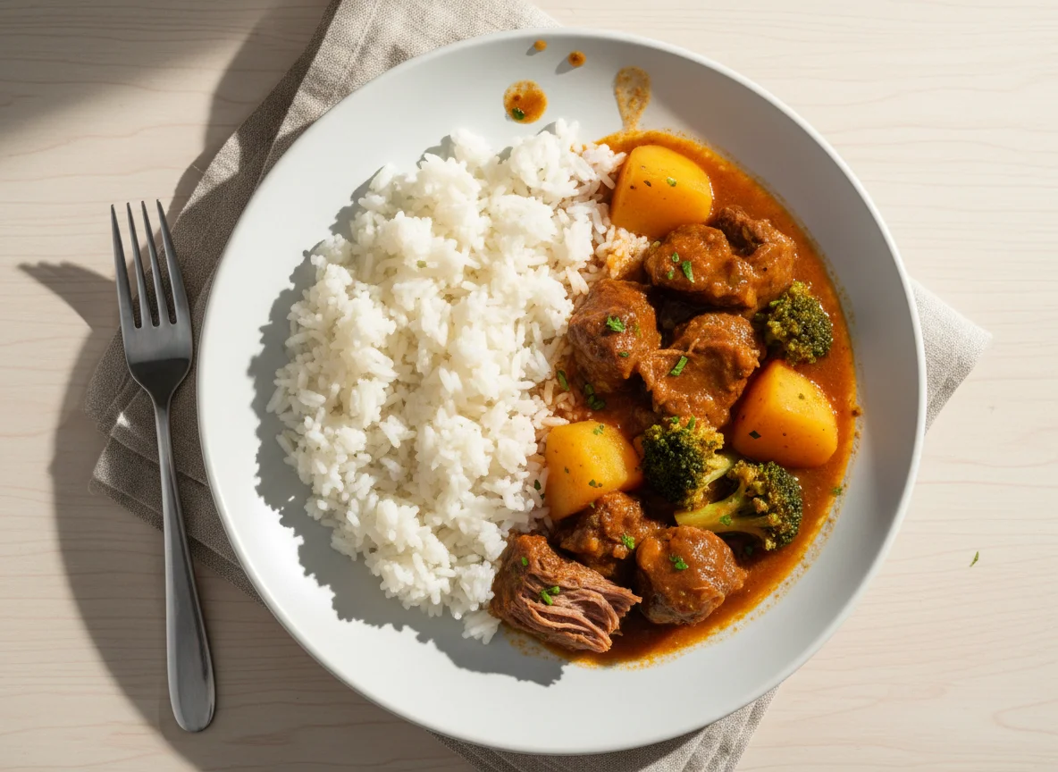 Arroz com estufado de carne e legumes photo