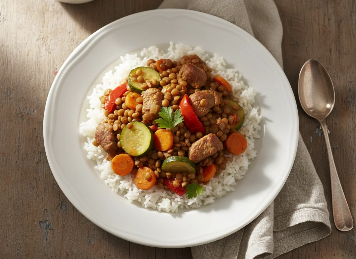 Arroz com Estufado de Lentilhas e Carne photo