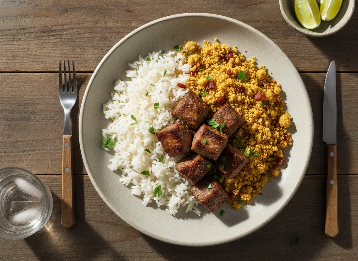 Arroz com farofa e carne photo