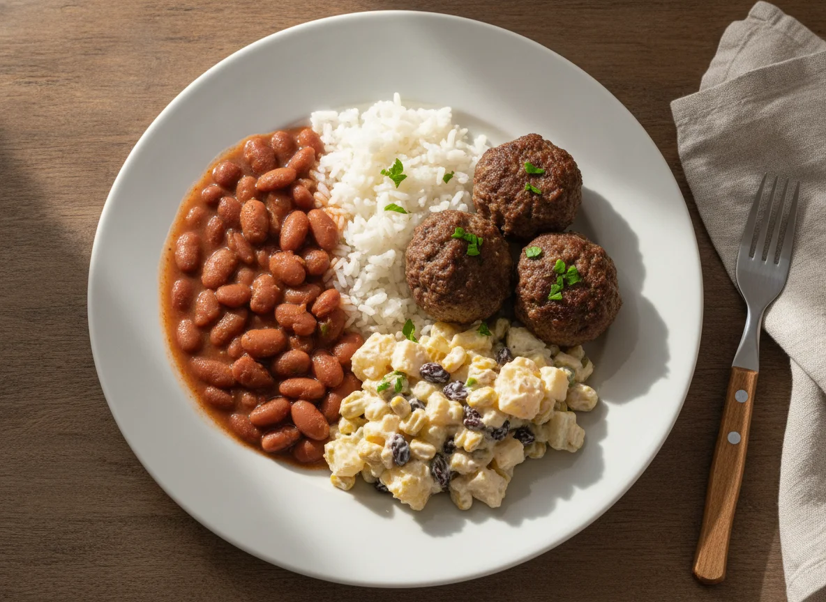 Arroz com feijão, almôndegas e salpicão de frango photo