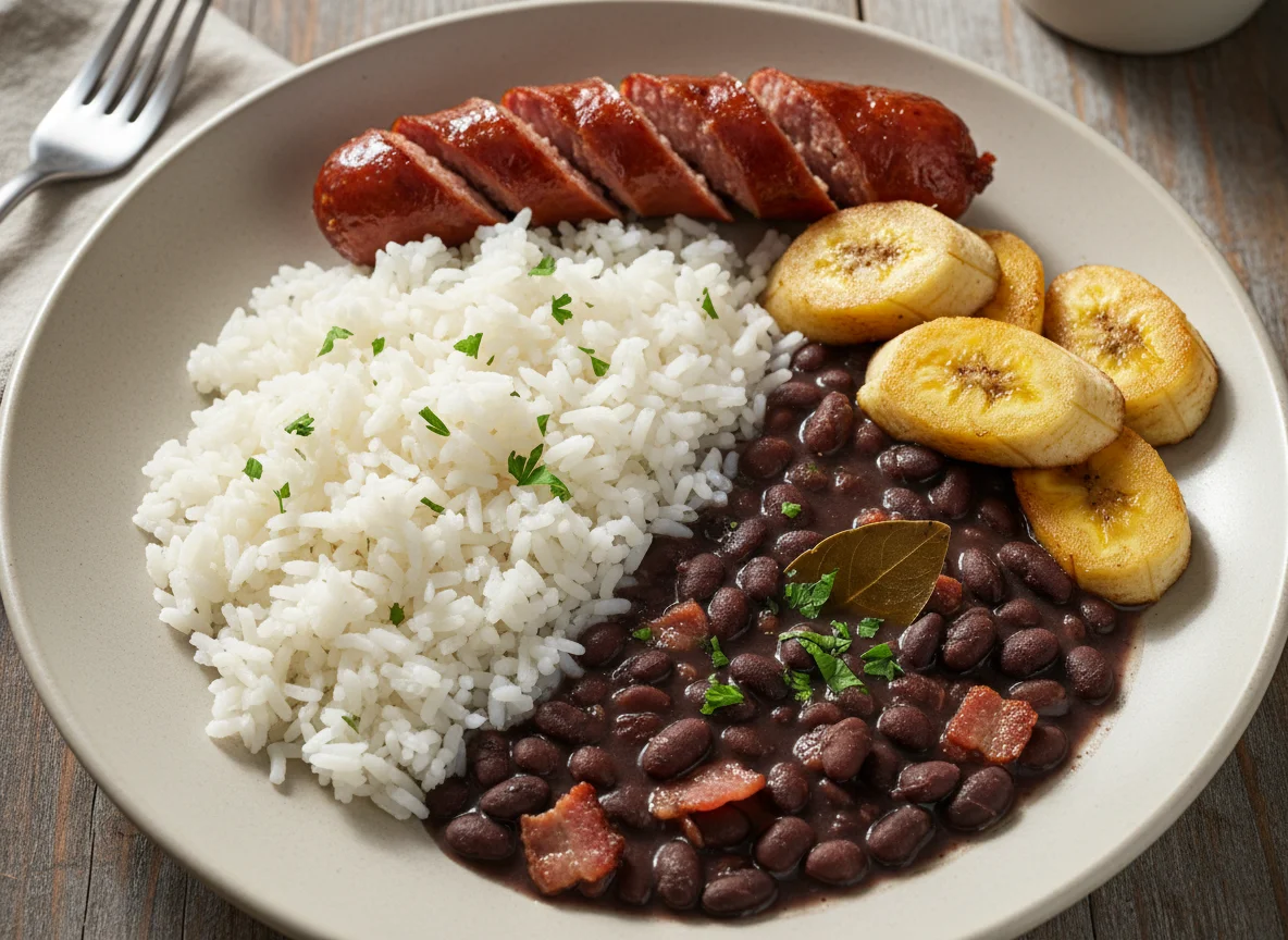 Arroz com feijão, banana e linguiça photo