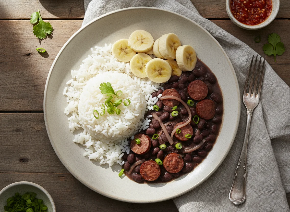 Arroz com feijão, banana e salsicha photo