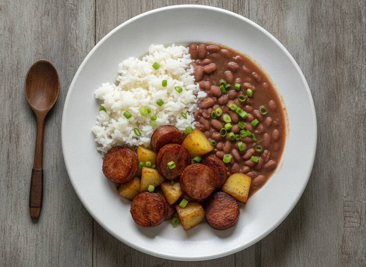 Arroz com feijão, batata e linguiça photo