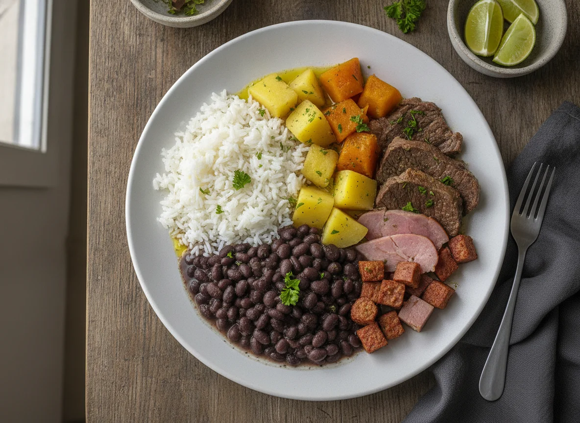 Arroz com feijão, batatas, abóbora e carne photo