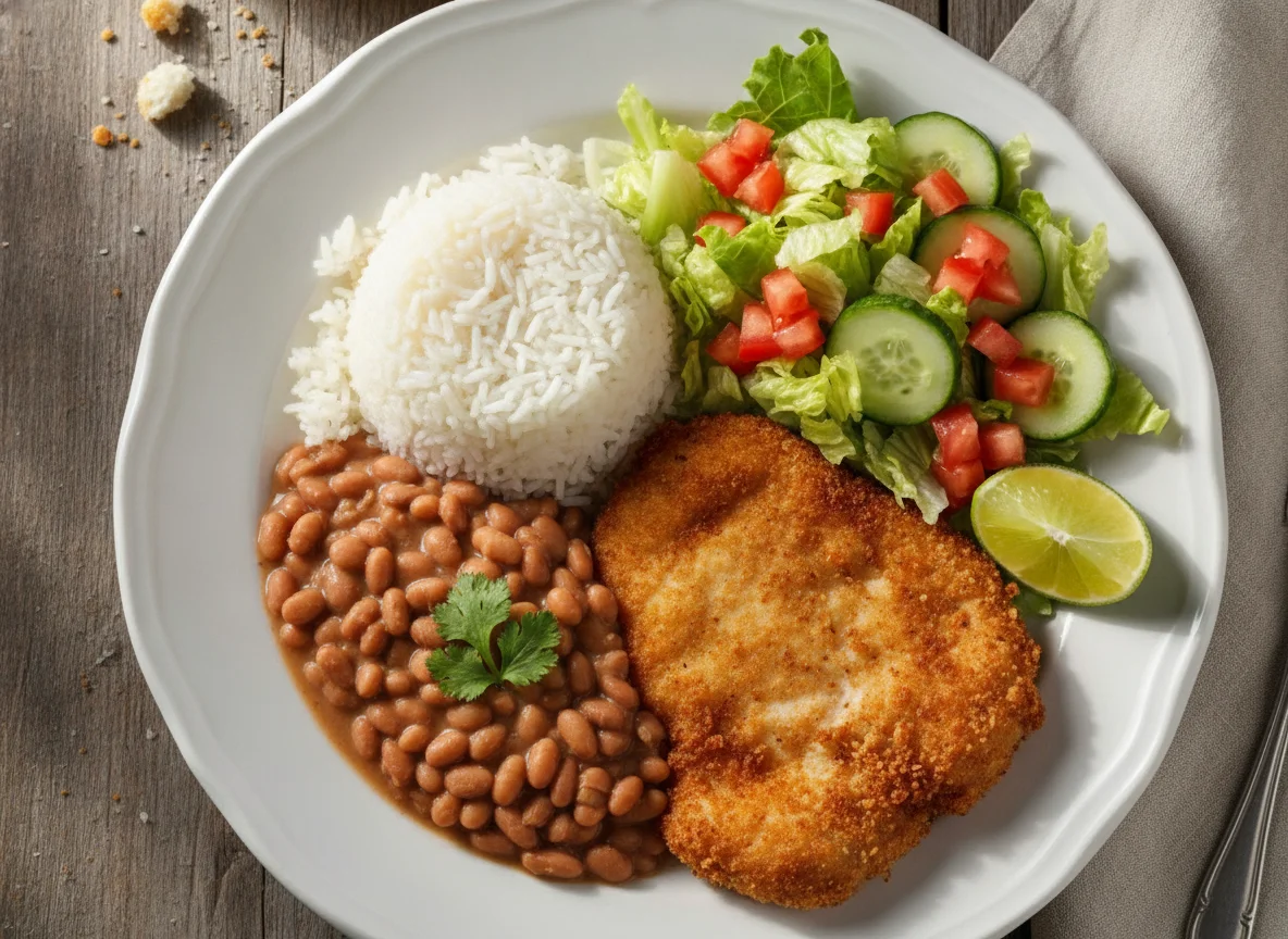Arroz com feijão, bife de frango empanado e salada photo