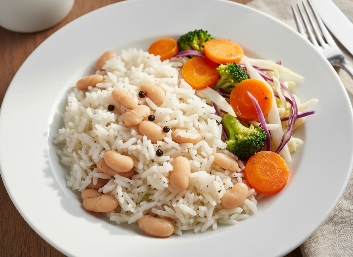 Arroz com feijão branco e vegetais photo