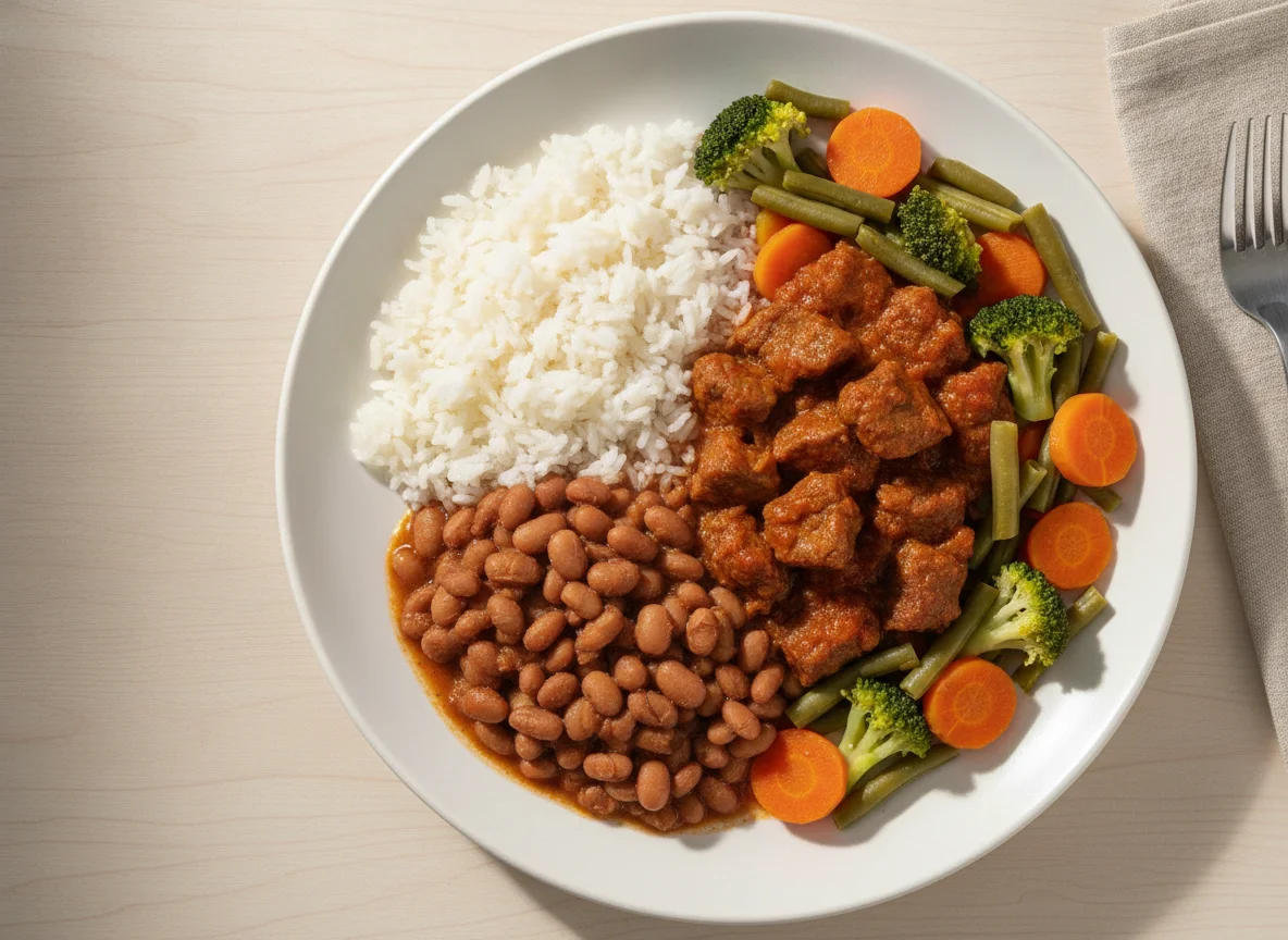 Arroz com feijão, carne ao molho e legumes photo