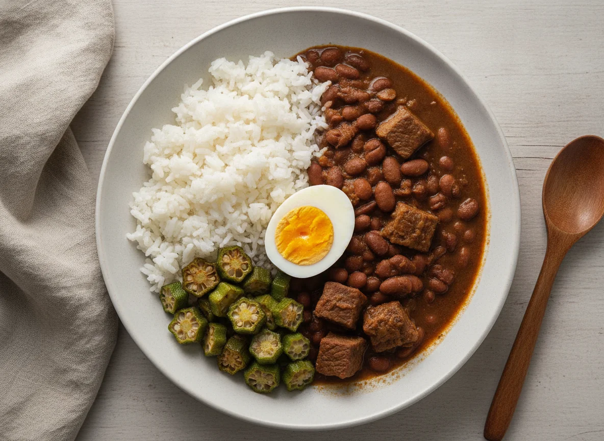 Arroz com feijão, carne bovina, quiabo e ovo photo