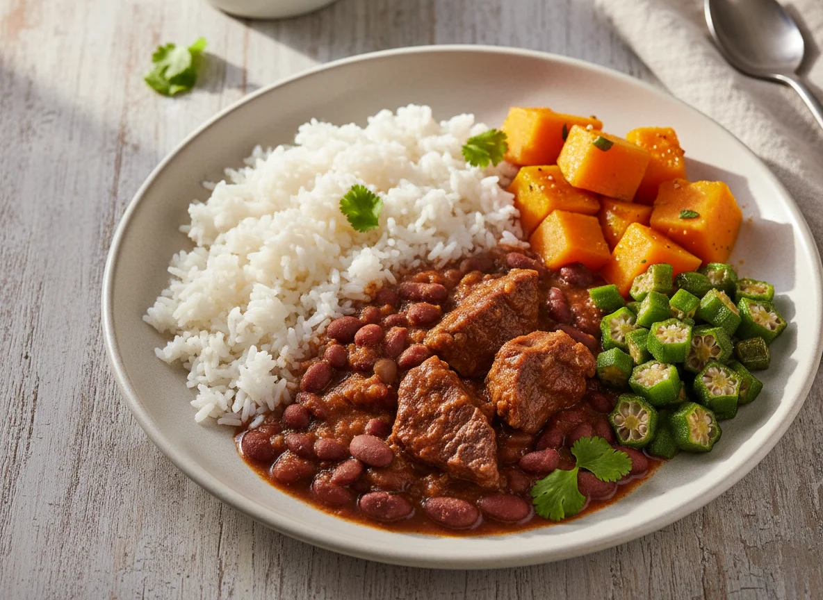 Arroz com feijão, carne cozida, abóbora e quiabo photo