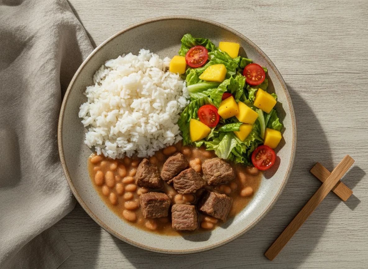 Arroz com feijão, carne cozida e salada de manga photo