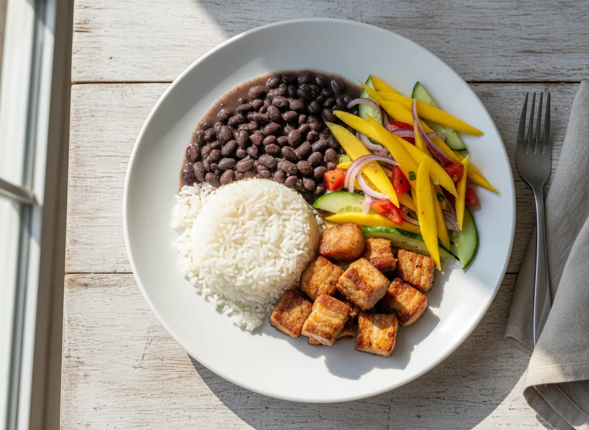 Arroz com feijão, carne de porco e salada de manga photo