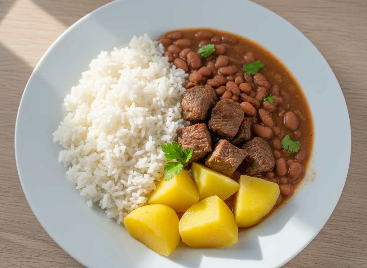 Arroz com feijão, carne e batata photo