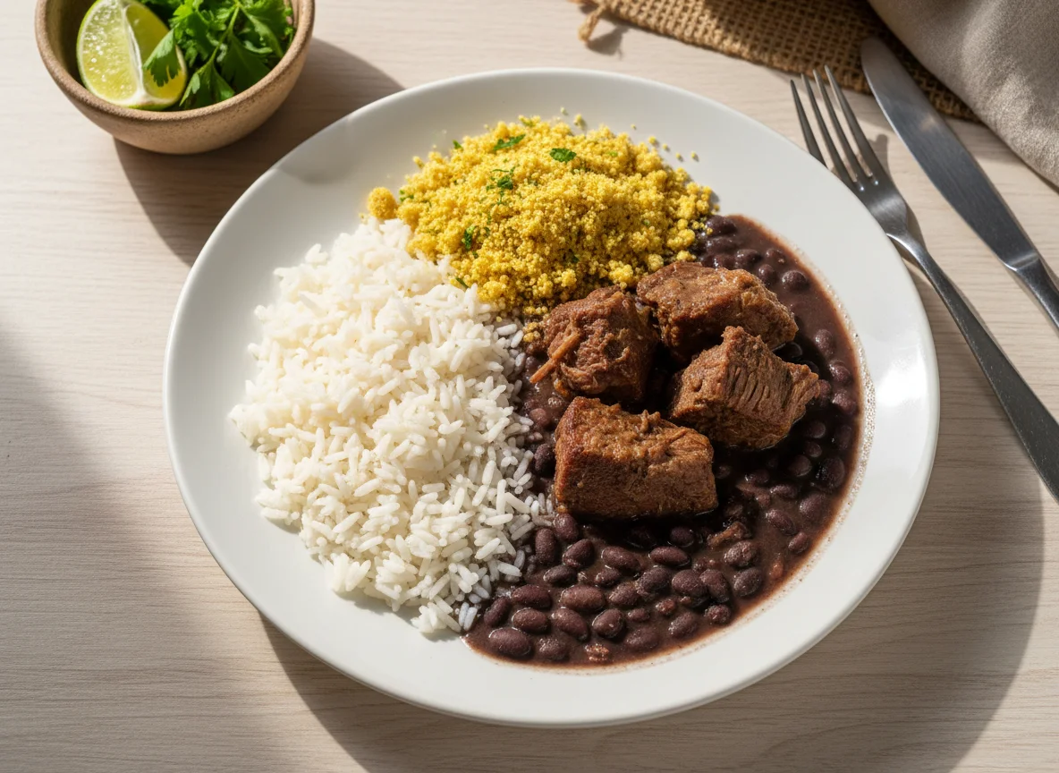 Arroz com feijão, carne e farofa photo