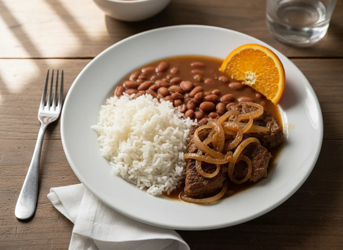 Arroz com feijão, carne e laranja photo