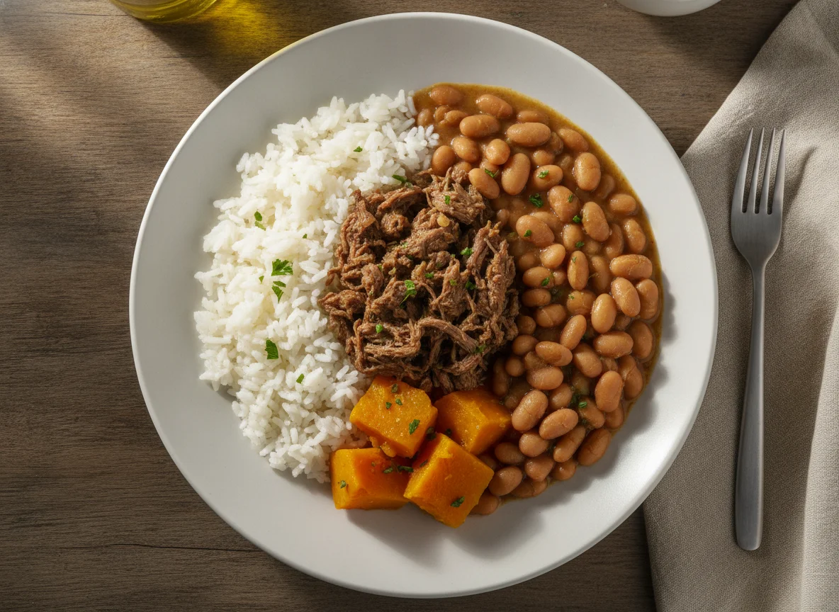 Arroz com feijão, carne e legumes photo