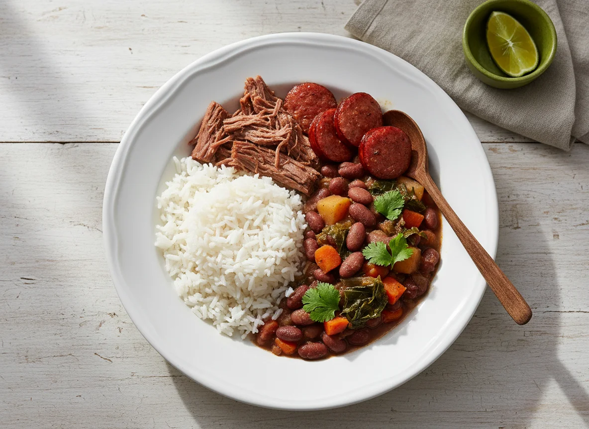 Arroz com feijão, carne e linguiça photo
