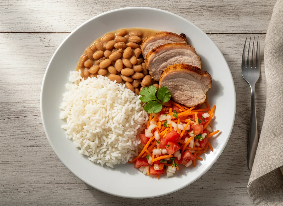 Arroz com feijão, carne e salada photo