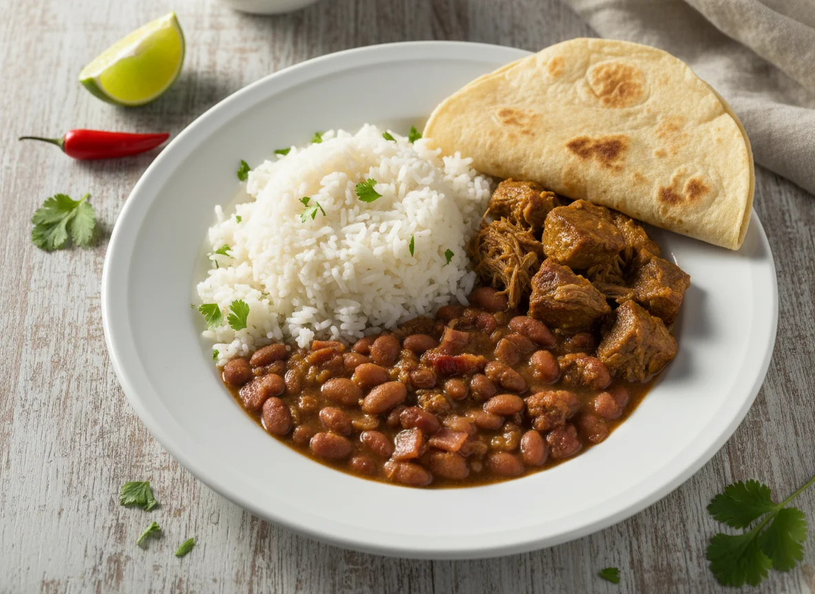 Arroz com feijão, carne e tortilha photo