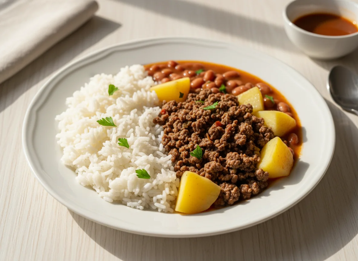 Arroz com feijão, carne moída e batata photo