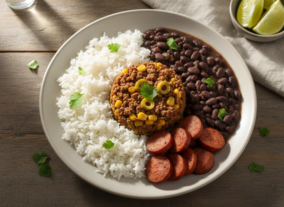 Arroz com feijão, carne moída e linguiça photo