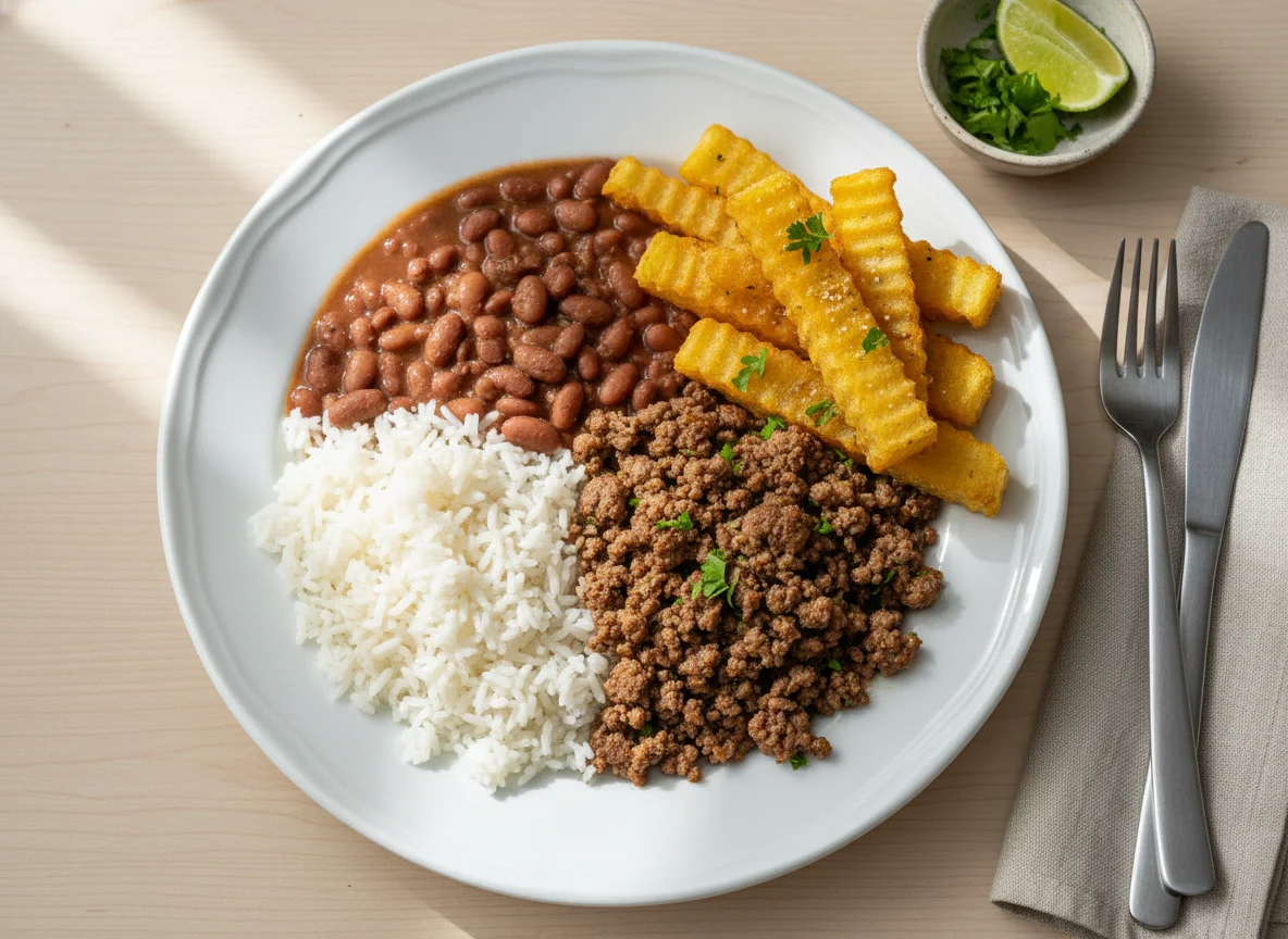 Arroz com feijão, carne moída e mandioca frita photo