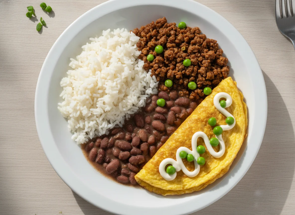 Arroz com feijão, carne moída e omelete photo