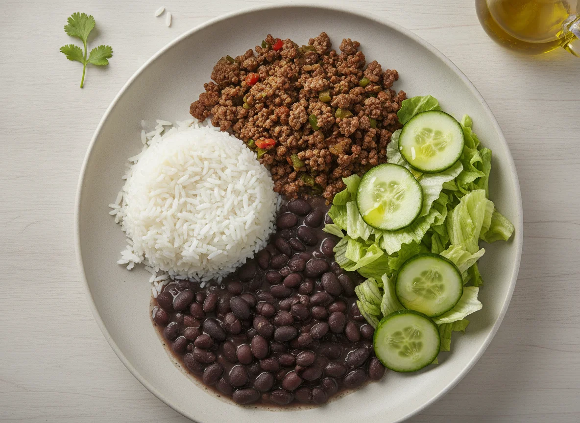 Arroz com feijão, carne moída e salada photo
