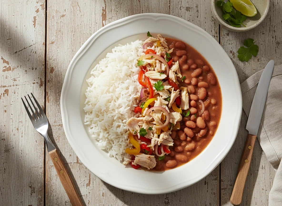 Arroz com feijão e bacalhau desfiado photo
