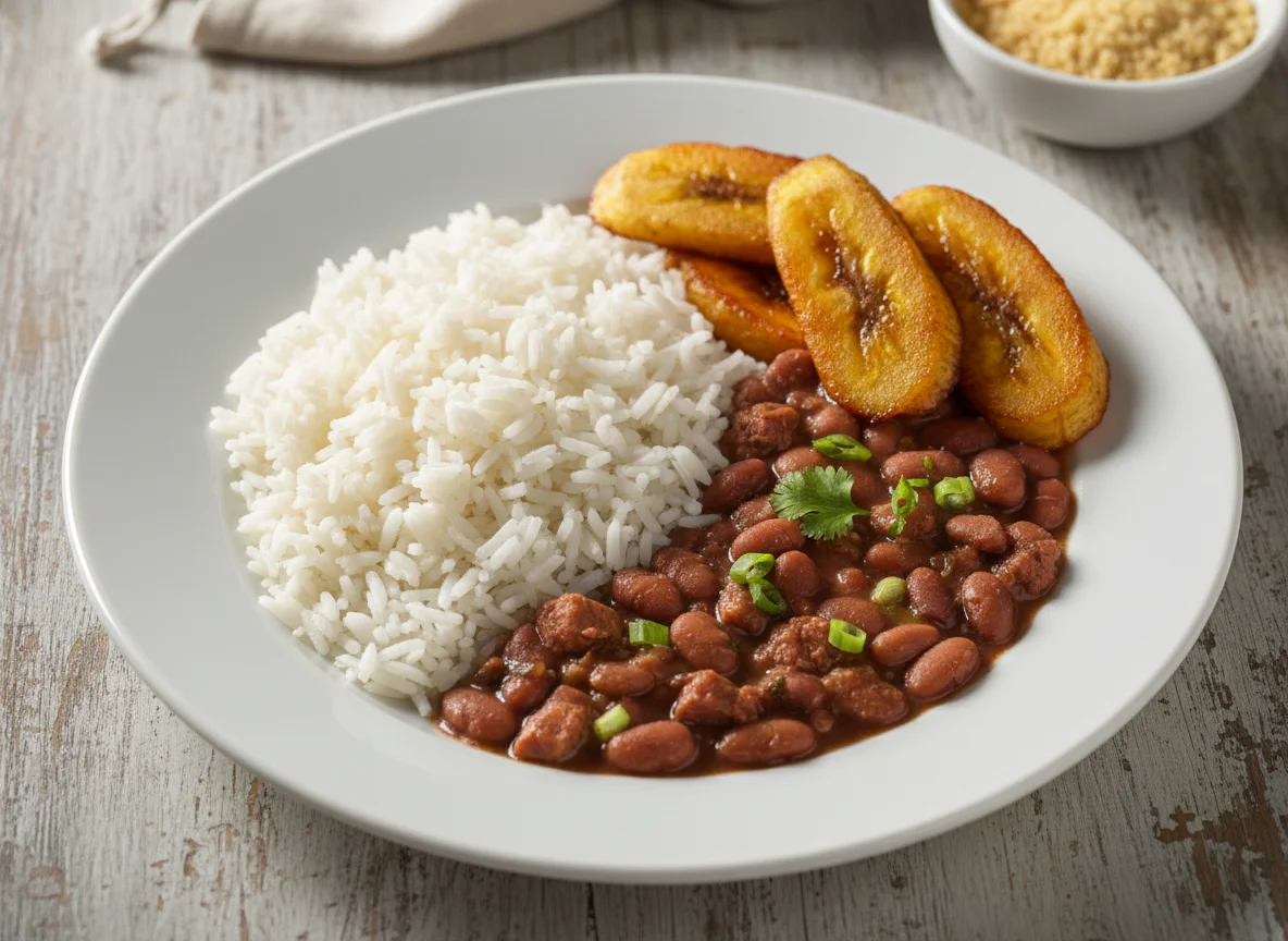 Arroz com feijão e banana frita photo