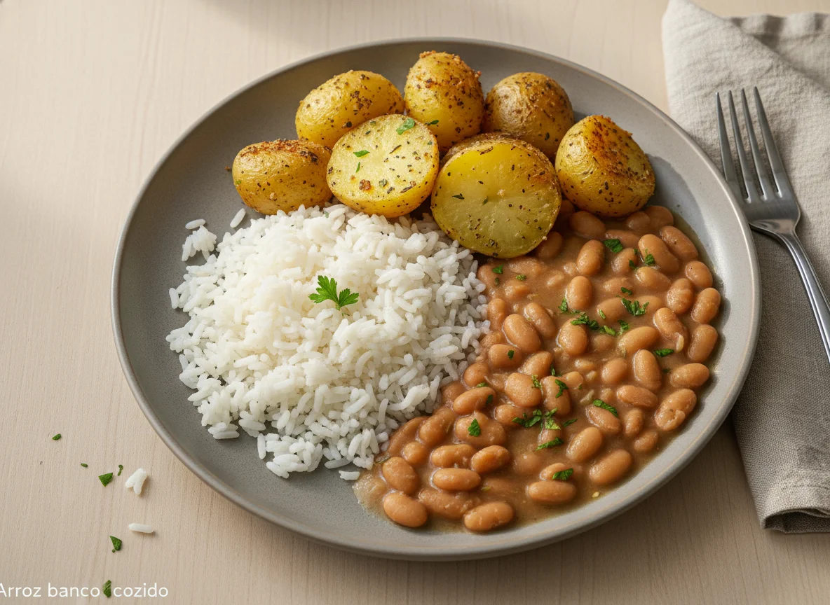 Arroz com feijão e batatas assadas photo