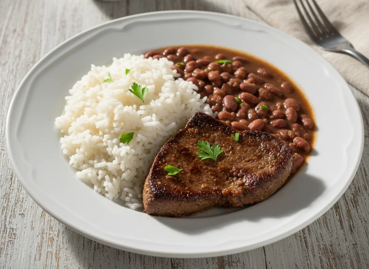 Arroz com feijão e bife de fígado photo