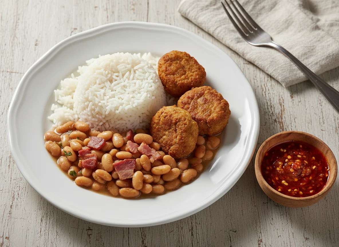 Arroz com feijão e bolinhos de carne photo