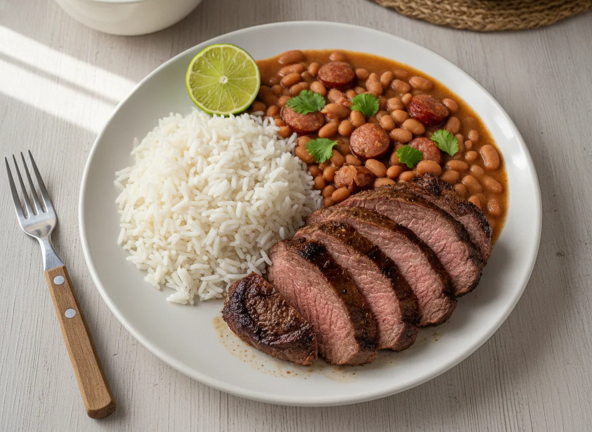 Arroz com feijão e carne assada photo
