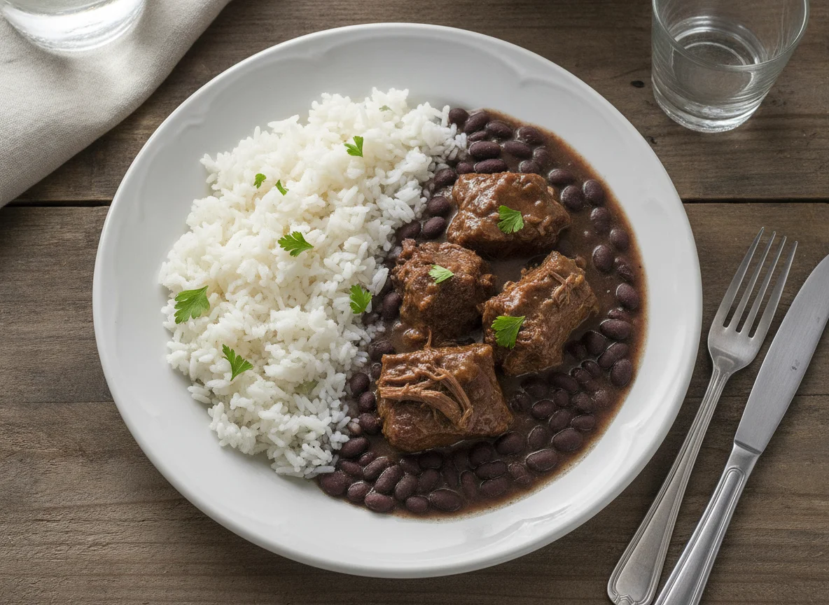 Arroz com feijão e carne cozida photo