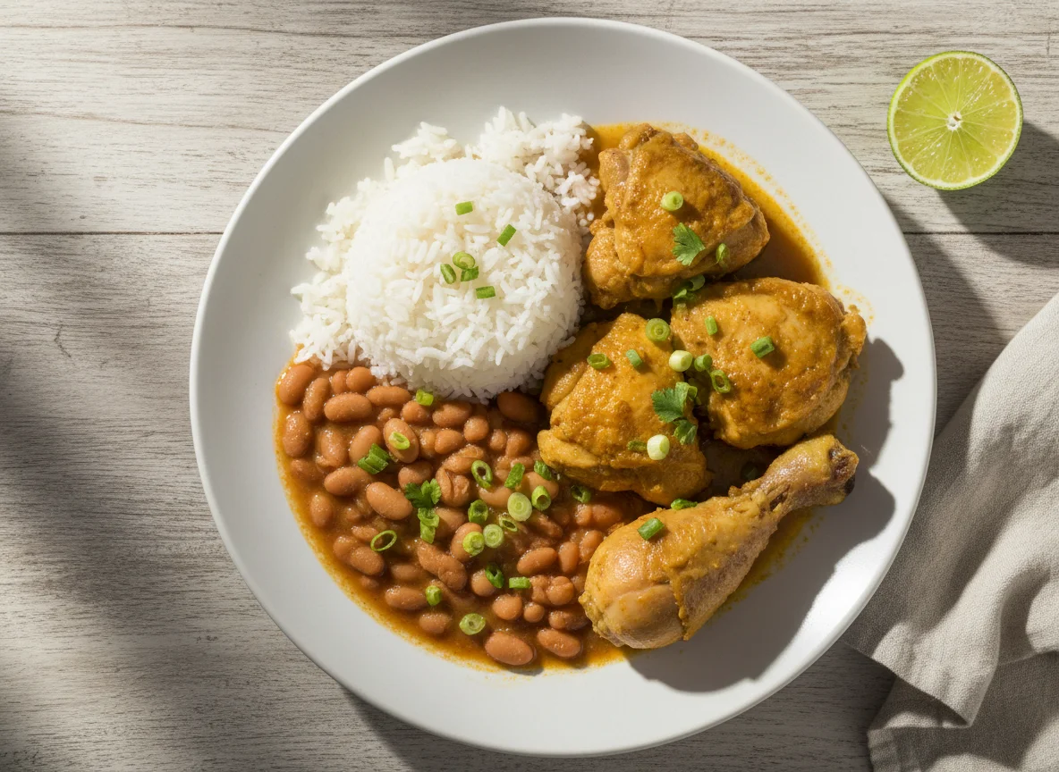 Arroz com feijão e carne de frango photo