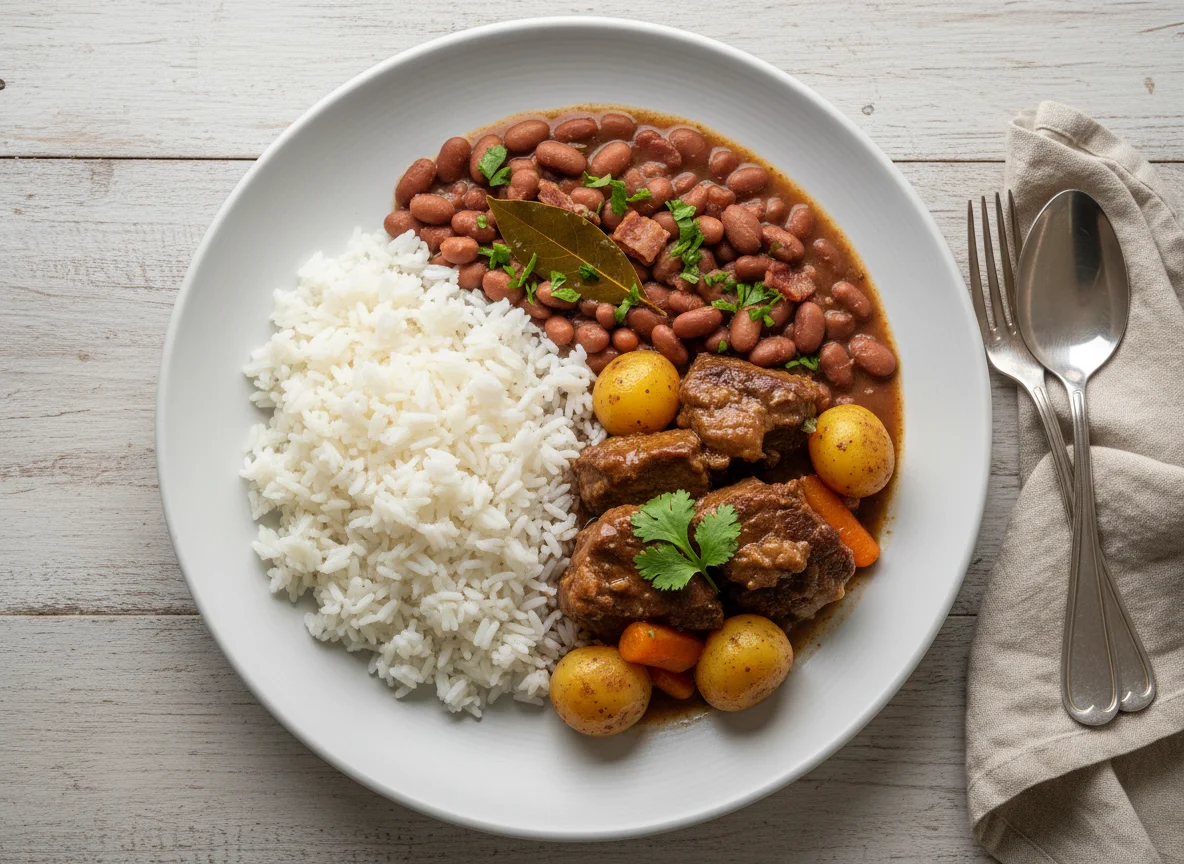 Arroz com feijão e carne de panela photo