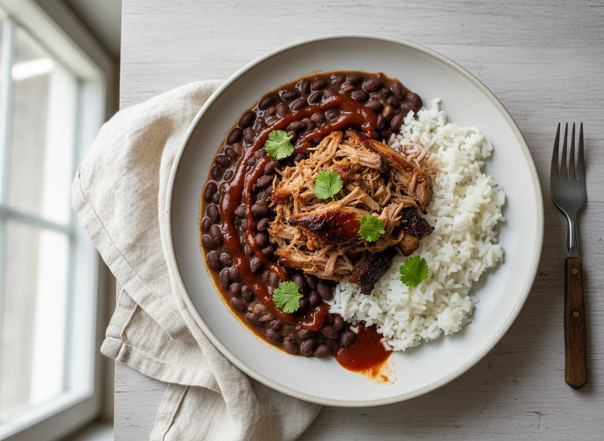 Arroz com feijão e carne de porco photo