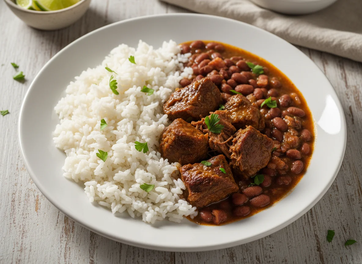 Arroz com feijão e carne guisada photo
