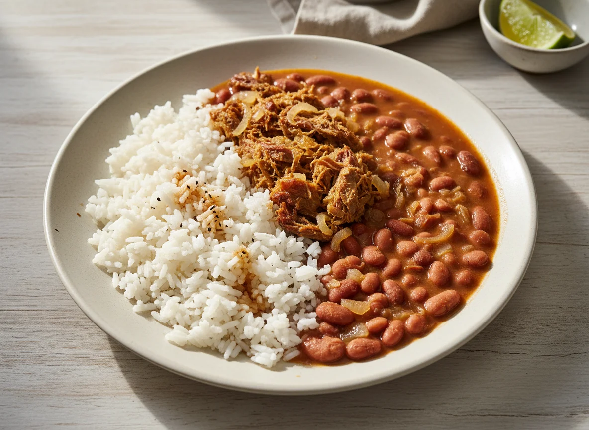 Arroz com feijão e carne seca desfiada photo
