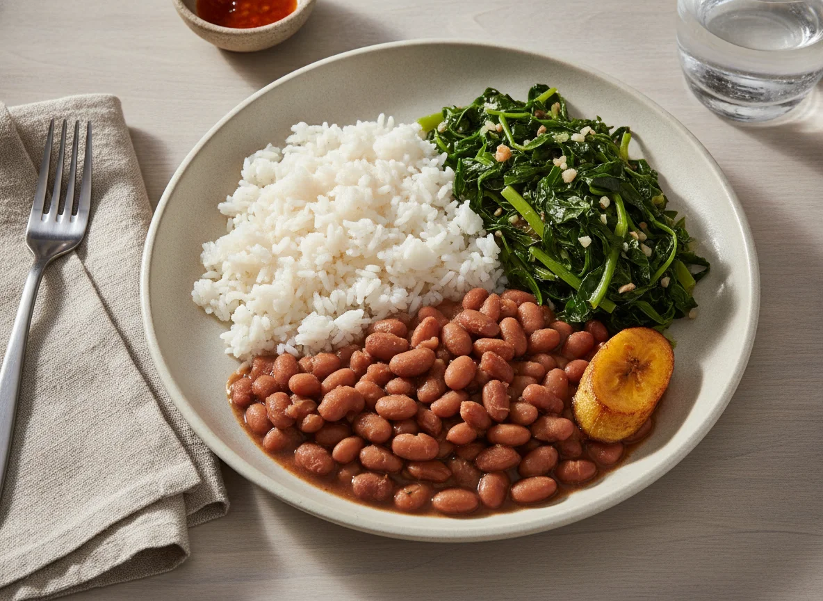 Arroz com feijão e couve refogada photo