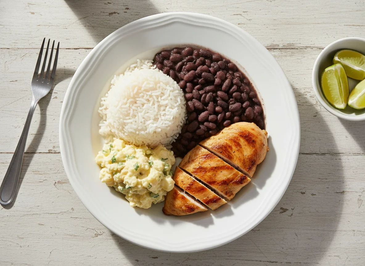 Arroz com feijão e frango photo